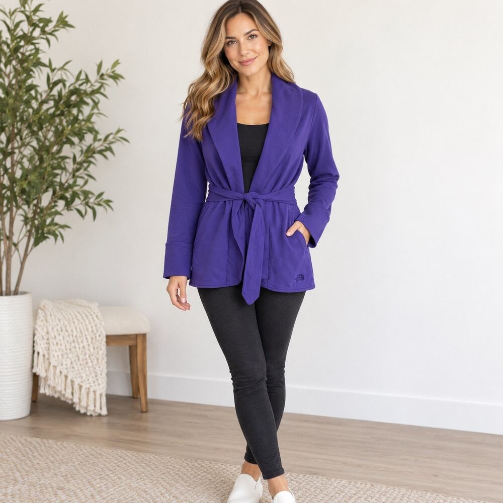 The North Face Women’s L Purple Wrap Cardigan Jacket Belted Cotton Stretch Shawl